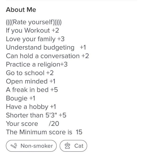 Rate yourself If you Workout 2 Love your family 3 Understand budgeting 1 Can hold a conversation 2 Practice a religion3 Go to school 2 Open minded 1 A freak in bed 5 Bougie 1 Have a hobby 1 Shorter than 5'3