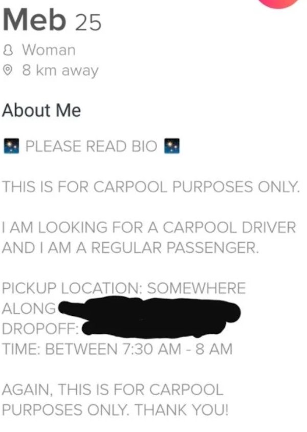 Please Read Bio This Is For Carpool Purposes Only. I Am Looking For A Carpool Driver And I Am A Regular Passenger. Pickup Location Somewhere Along Dropoff Time Between 8 Am Again, This Is For Carpool Purposes On