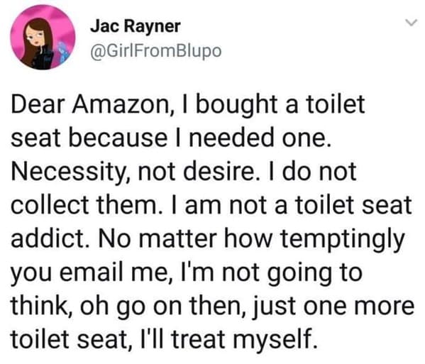 Pics of Stupidity - Dear Amazon, I bought a toilet seat because I needed one. Necessity, not desire. I do not collect them. I am not a toilet seat addict. No matter how temptingly you email me, I'm not going to think, oh go on then, just one more toilet