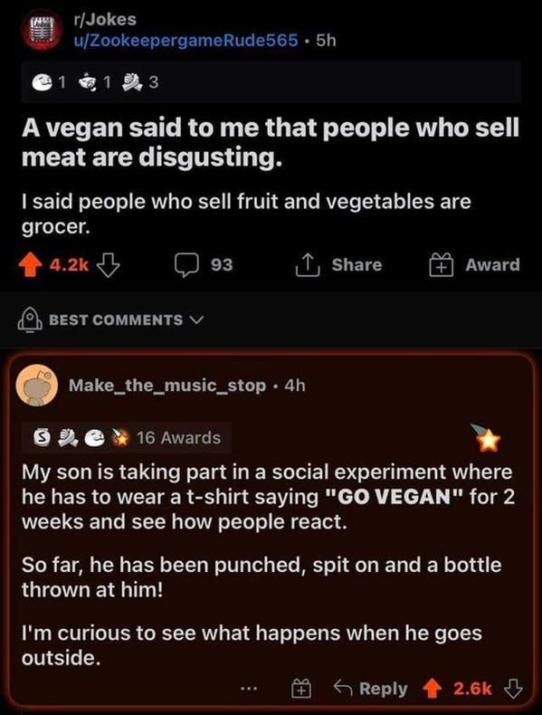 funny posts that made us hold up - r holup - im rJokes uZookeepergameRude565 . 5h 1 1 9.3 A vegan said to me that people who sell meat are disgusting. I said people who sell fruit and vegetables are grocer. 1 93 Award Best V Make_the_music_stop. 4h S Se 1