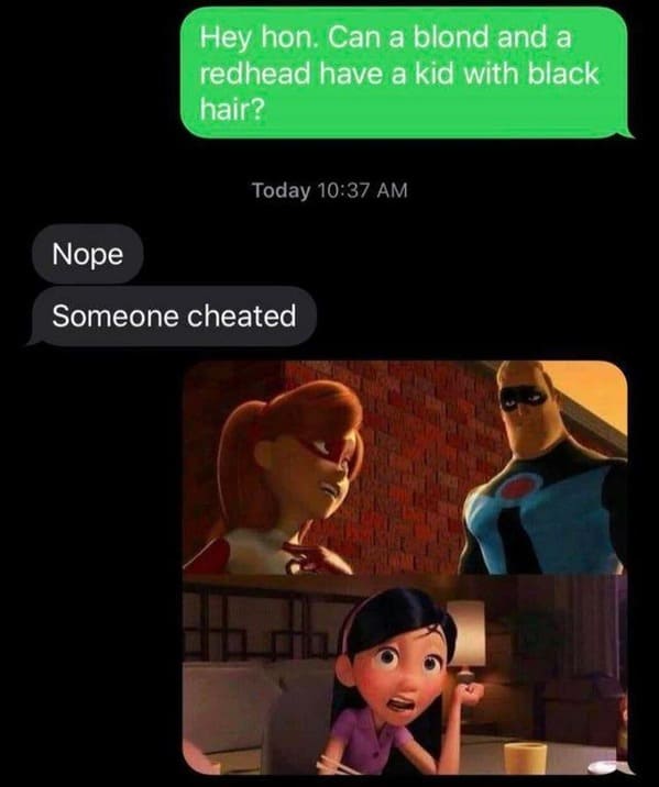 funny posts that made us hold up - funny incredibles memes - Hey hon. Can a blond and a redhead have a kid with black hair? Today Nope Someone cheated