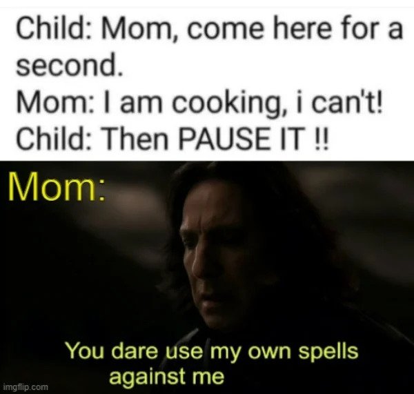 hol up - funny memes - Child - Child Mom, come here for a second. Mom I am cooking, i can't! Child Then Pause It !! Mom You dare use my own spells against me imgflip.com