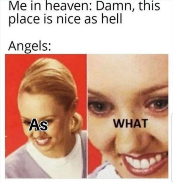 hol up - funny memes - place is nice as hell meme - Me in heaven Damn, this place is nice as hell Angels As What
