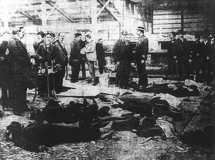 that during a college football game in US, many people gathered upon the roof of a glass blowing factory to watch for free. The roof collapsed, spilling fans onto a furnace. Twenty-three people were killed but the game continued. The event is known as The Thanksgiving Day Disaster.