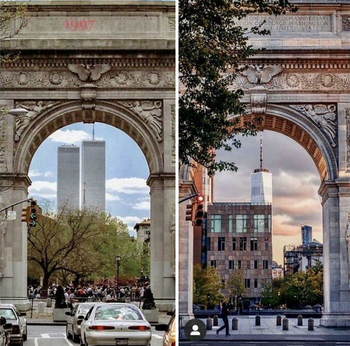 then and now - effects of time - washington square arch twin towers - 13
