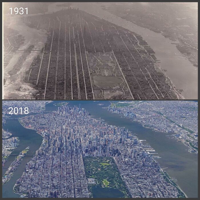 then and now - effects of time - manhattan 1931 vs now - 1931 2018
