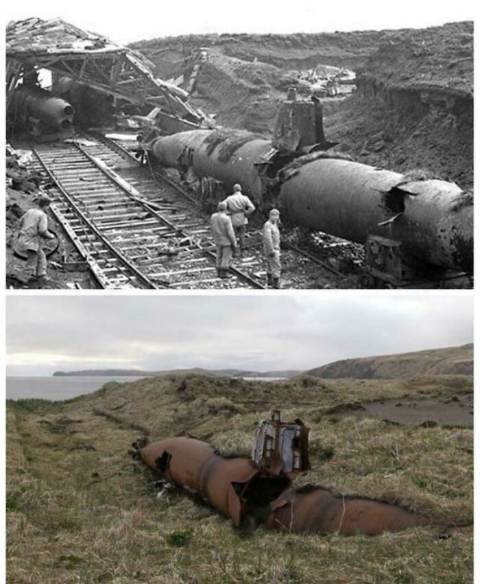 then and now - effects of time - captured japanese mini submarine in the aleutian islands 1943 and 2021
