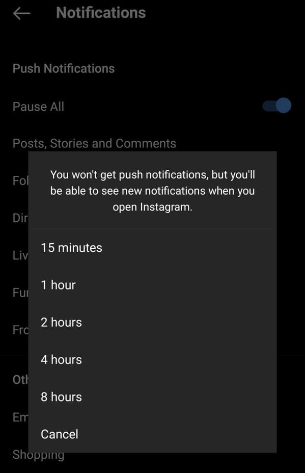 You won't get push notifications, but you'll be able to see new notifications when you open Instagram.