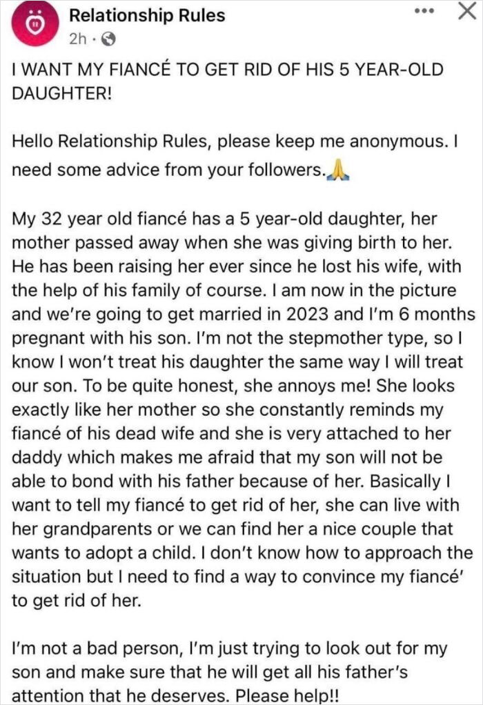 Entitled People - I Want My Fianc To Get Rid Of His 5 YearOld Daughter! Hello Relationship Rules, please keep me anonymous. I need some advice from your ers.de My 32 year old fianc has a 5 year old daughter, her mother passed away when
