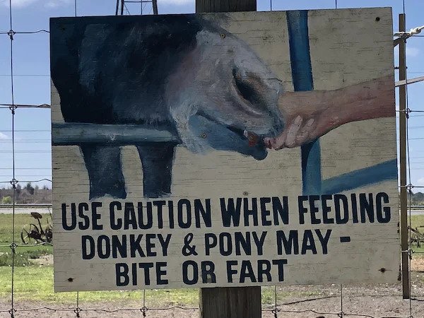 Funny Signs - Use Caution When Feeding Donkey & Pony May Bite Or Fart