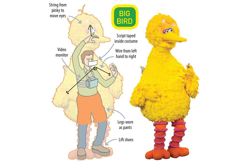jim henson big bird - String from pinky to move eyes Big Bird Script taped inside costume Video monitor Wire from left hand to right Legs worn as pants Lift shoes