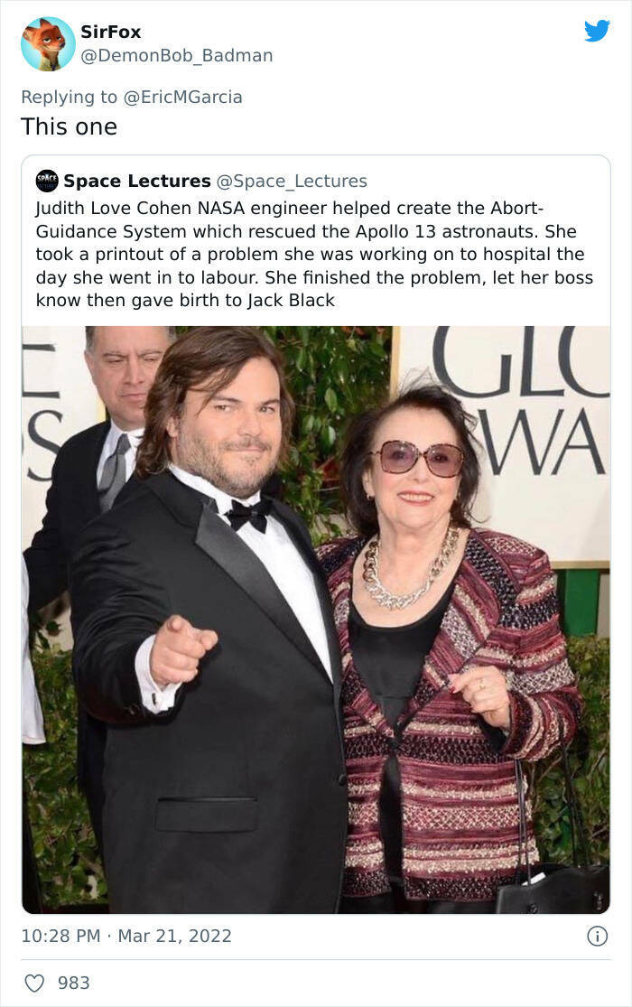 Judith Love Cohen Nasa engineer helped create the Abort Guidance System which rescued the Apollo 13 astronauts. She took a printout of a problem she was working on to hospital Jack Black