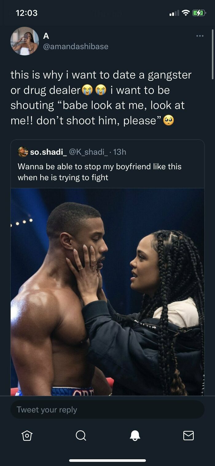 entitled people - cringe - creed 2 love - this is why i want to date a gangster or drug dealer i want to be shouting "babe look at me, look at me!! don't shoot him, please" 69 so.shadi_ . 13h Wanna be able to stop my boyfriend this when he is trying to fi