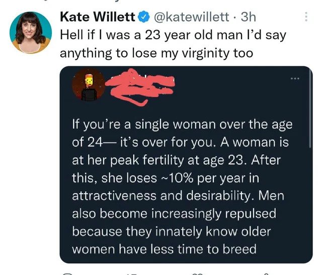Great Comments - Hell if I was a 23 year old man I'd say anything to lose my virginity too If you're a single woman over the age of 24 it's over for you. A woman is at her peak fertility at age 23. After this, she loses ~10% per year in attractiveness and