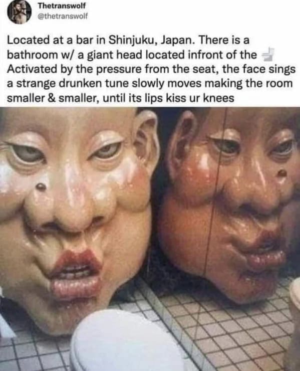 people who shared too much - japanese bathroom face - Thetranswolf Located at a bar in Shinjuku, Japan. There is a bathroom w a giant head located infront of the Activated by the pressure from the seat, the face sings a strange drunken tune slowly moves m