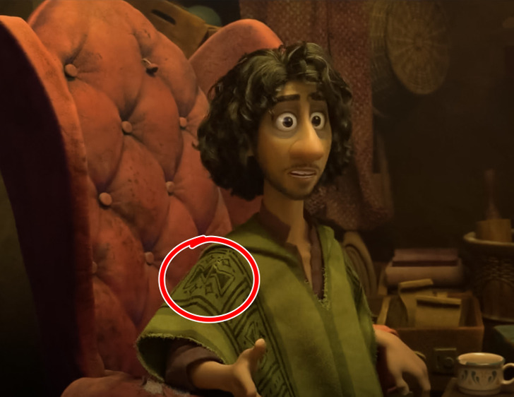 Movie Easter Eggs --  In Encanto, the hourglass pattern on Bruno’s ruana signifies his gift.