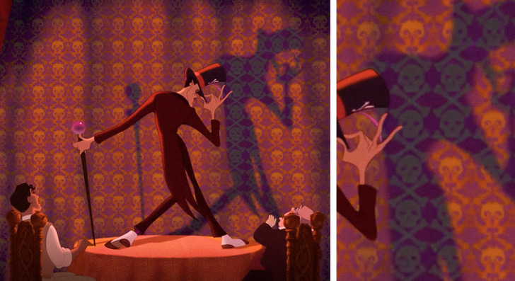 Movie Easter Eggs - This very clever hidden detail in The Princess and the Frog where the villain’s shadow turns the wallpaper into skulls and crossbones