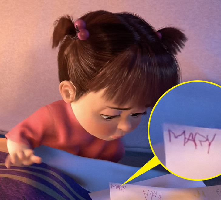Movie Easter Eggs - In Monsters, Inc. (2001) Sulley calls the child “Boo.” But her drawings are signed “Mary,” which seems to be her real name.