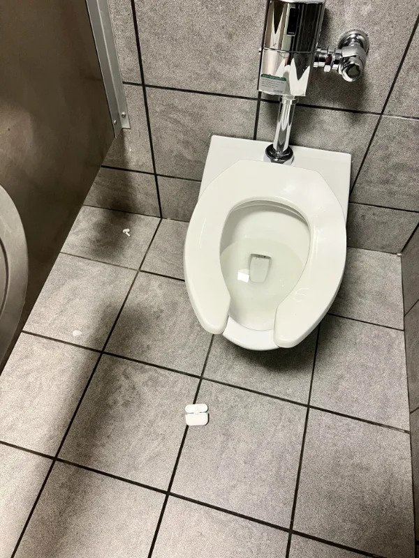 “The most me thing of all the me things I’ve ever done in my life. AirPod Pros were in my front pocket. Went pee. Pulled pants up. AirPods fall out of pocket & onto floor. The left one bounced right into the toilet, which immediately flushed from a motion sensor. What are the odds? Story of my life.”