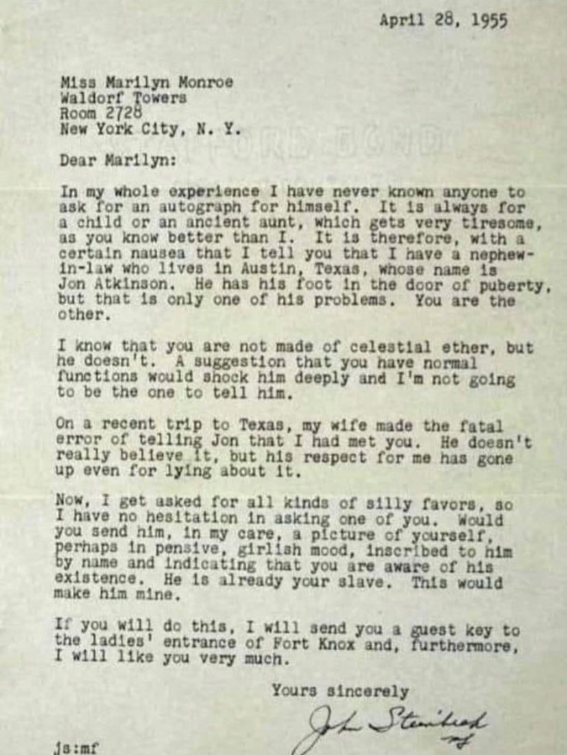 fascinating photos - In 1955 author John Steinbeck wrote a letter to Marilyn Monroe asking for an autographed photo for his nephew, “He is already your slave. This would make him mine.”