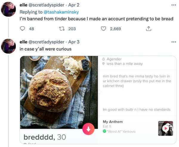 Banned People - I'm banned from tinder because I made an account pretending to be bread