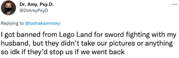 Banned People - I got banned from Lego Land for sword fighting with my husband, but they didn't take our pictures or anything so idk if they'd stop us if we went back