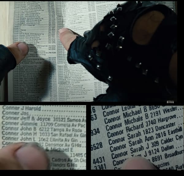 In The Terminator (1984), the T-800 is actually searching the phonebook with both fingers. A closeup shot shows his right finger hovering down to Sarah, but in the wide shot its revealed he’s already found John Conner with his left.