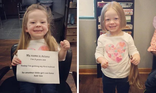 wholesome pics - 3 year old girl first haircut - Guce Rock My name is Ariana Im 3 years old Today I'm getting my first haircut So another little girl can have hair too