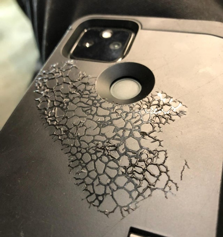 “I accidentally set my phone down on some acetone at work, now it looks like this.”