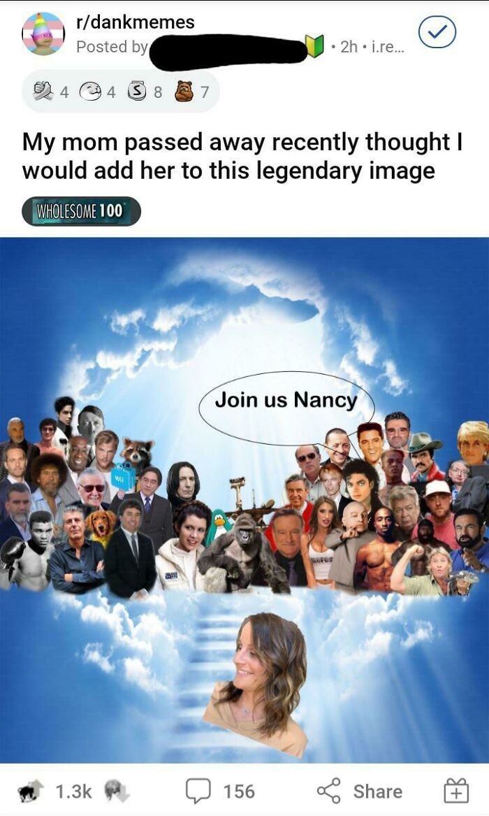 sad cringe - harambe heaven - rdankmemes Posted by 2h.i.re... 4 4 8 7 My mom passed away recently thought I would add her to this legendary image Wholesome 100 Join us Nancy res 156 3