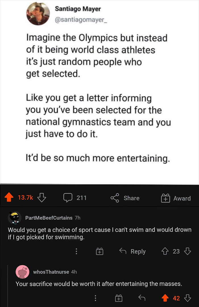 Ridiculous Comments - Santiago Mayer Imagine the Olympics but instead of it being world class athletes it's just random people who get selected. you get a letter informing you you've been selected for the national gymnastics team and you just have to do i