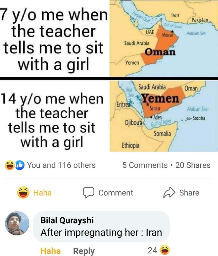 Ridiculous Comments - Persian Gulf Iran Pakistan Gulf of Oman Arabian Ses 7 yo me when the teacher tells me to sit with a girl