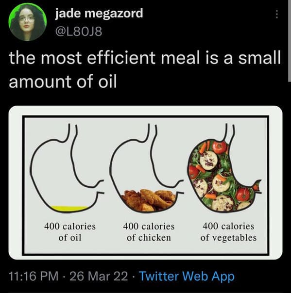 Taking Things Literally - the most efficient meal is a small amount of oil 400 calories of oil 400 calories of chicken 400 calories of vegetables 26