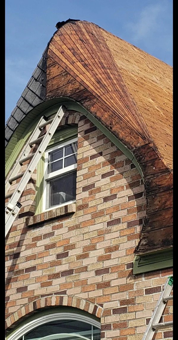 “The interesting woodwork revealed during the re-roofing of our 84 yr old house.”