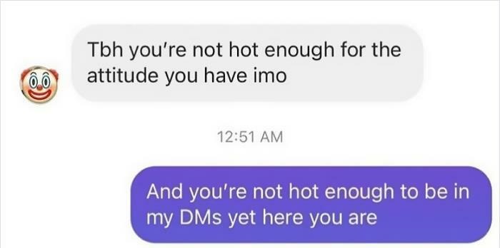 Creepy Messages - website - Tbh you're not hot enough for the attitude you have imo And you're not hot enough to be in my DMs yet here you are