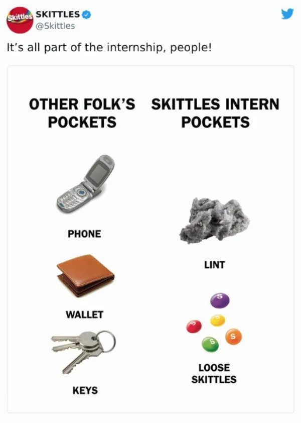 wtf social media posts by companies and celebs - shoe - Skittles Skittles It's all part of the internship, people! Other Folk'S Skittles Intern Pockets Pockets Phone Lint Wallet s Loose Skittles Keys