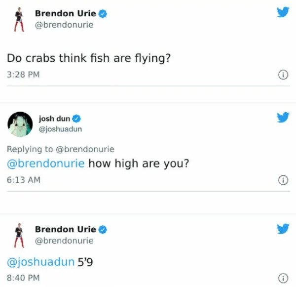 wtf social media posts by companies and celebs - web page - Brendon Urie Do crabs think fish are flying? josh dun how high are you? Brendon Urie 5'9