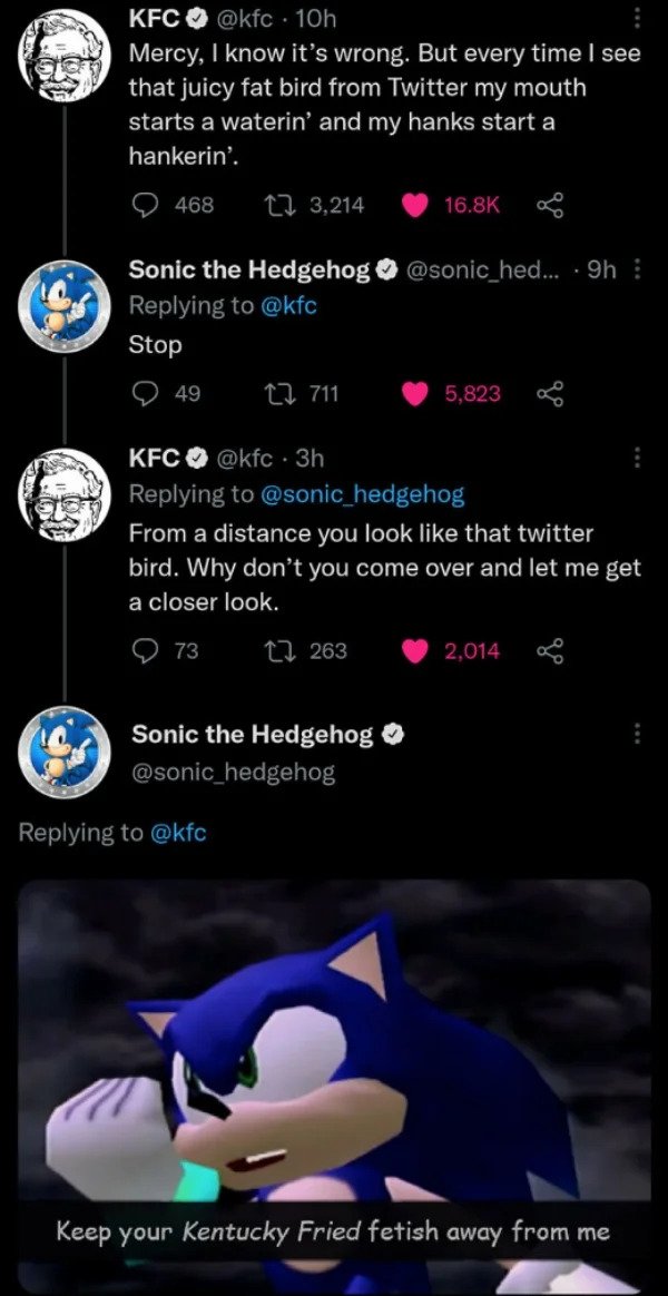 wtf social media posts by companies and celebs - keep your kentucky fried fetish - Kfc 10h Mercy, I know it's wrong. But every time I see that juicy fat bird from Twitter my mouth starts a waterin' and my hanks start a hankerin'. 468 12 3,214 Sonic the He