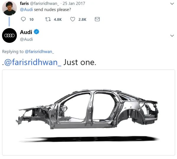 wtf social media posts by companies and celebs - audi send nudes - > faris send nudes please? 10 12 Audi . one.