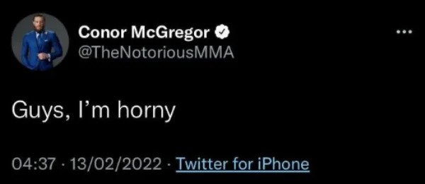 wtf social media posts by companies and celebs - law enforcement quotes - Conor McGregor Guys, I'm horny 13022022 Twitter for iPhone