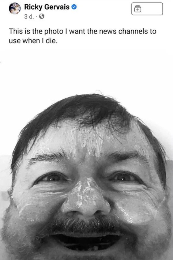 wtf social media posts by companies and celebs - moustache - Ricky Gervais 3 d.. This is the photo I want the news channels to use when I die. 49