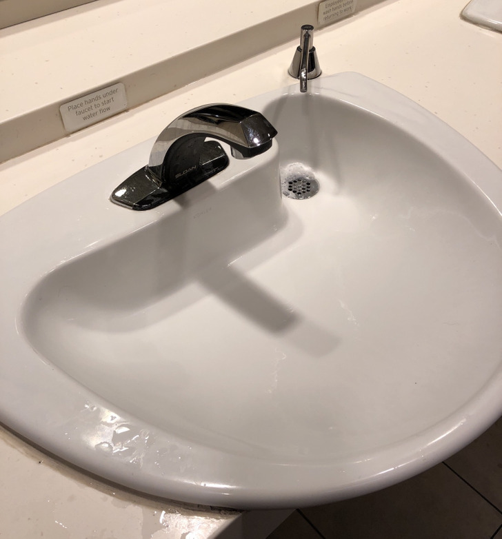 cool design wins - The drain is right under the soap dispenser so it doesn’t stain the sink