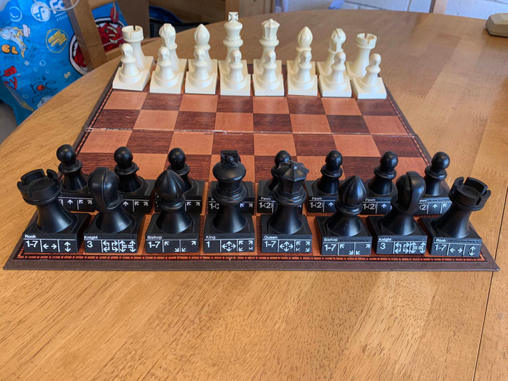 cool design wins - This chess set from 1972 has the valid moves for each piece stamped on their bases, making the game much easier for beginners to learn