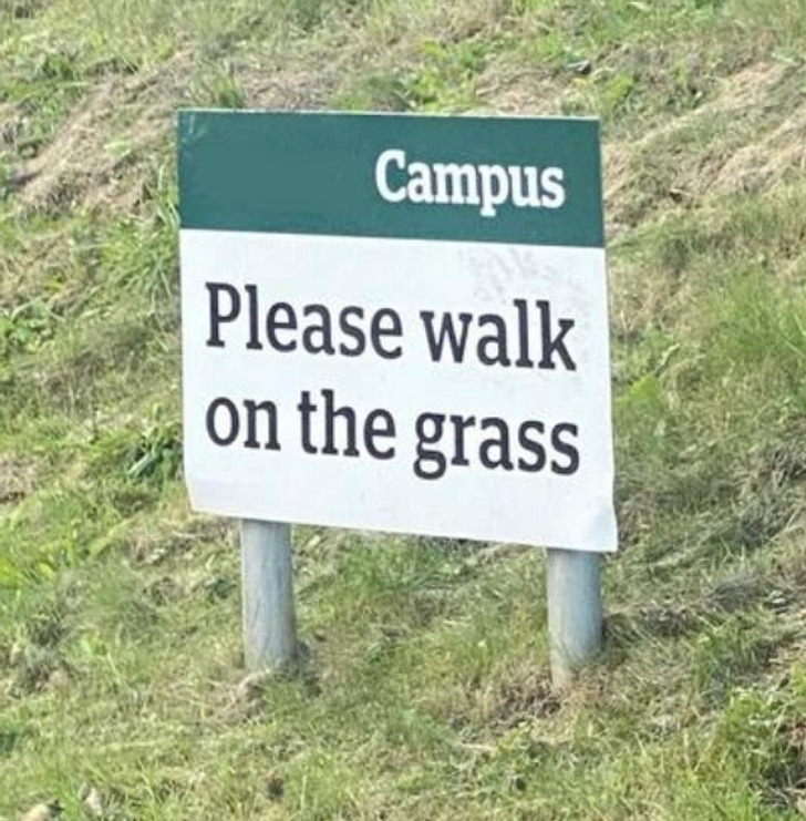 “My campus has a sign begging us to step on the grass.”