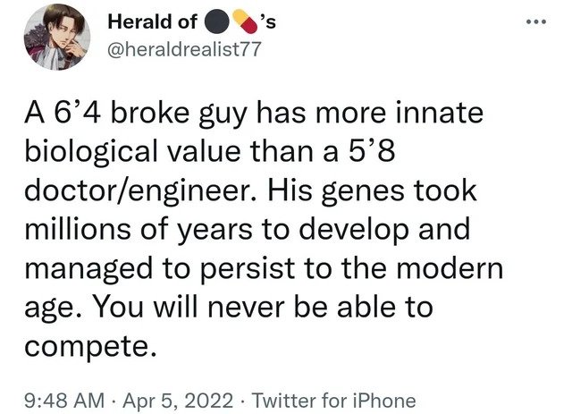 No Common Sense - Herald of 's A 6'4 broke guy has more innate biological value than a 5'8 doctorengineer. His genes took millions of years to develop and managed to persist to the modern age. You will never be able to compete. . Twitter for iPhone