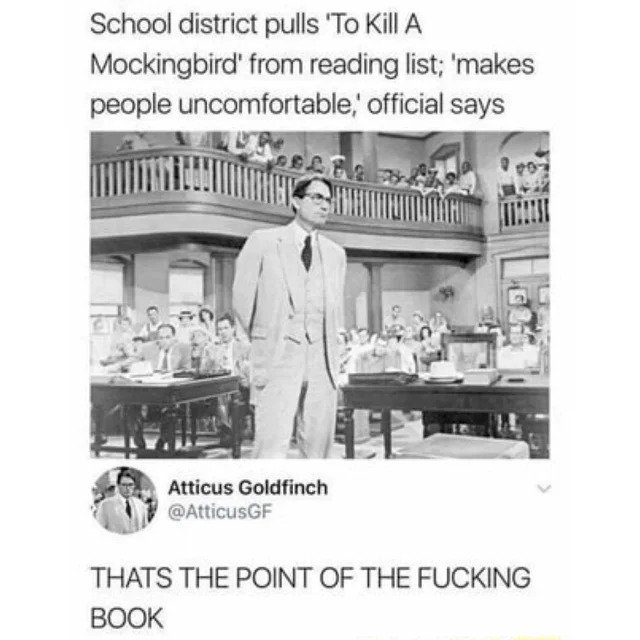 school district pulls to kill a mockingbird - School district pulls 'To Kill A Mockingbird' from reading list; 'makes people uncomfortable, official says Atticus Goldfinch Thats The Point Of The Fucking Book