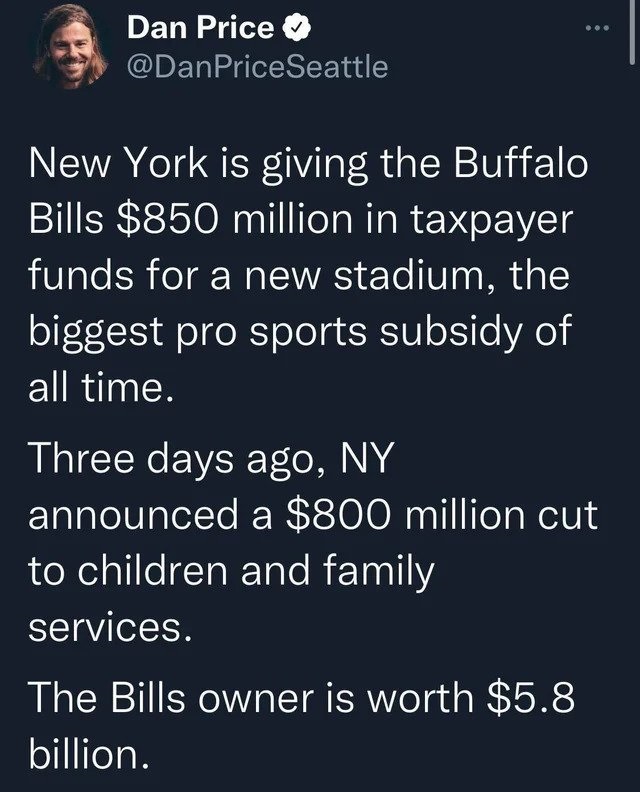 Dan Price Price Seattle New York is giving the Buffalo Bills $850 million in taxpayer funds for a new stadium, the biggest pro sports subsidy of all time. Three days ago, Ny announced a $800 million cut to children and family services. The Bills owner is…