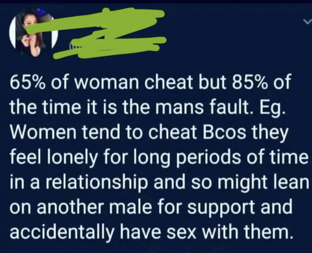 lyrics - 12 65% of woman cheat but 85% of the time it is the mans fault. Eg. Women tend to cheat Bcos they feel lonely for long periods of time in a relationship and so might lean on another male for support and accidentally have sex with them.