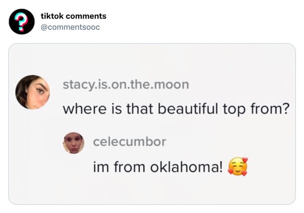 funny tiktok comments - learning - tiktok stacy.is.on.the.moon where is that beautiful top from? celecumbor im from oklahoma!