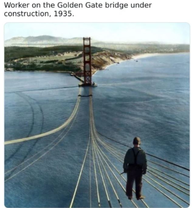 WTF History - construction golden gate - Worker on the Golden Gate bridge under construction, 1935.